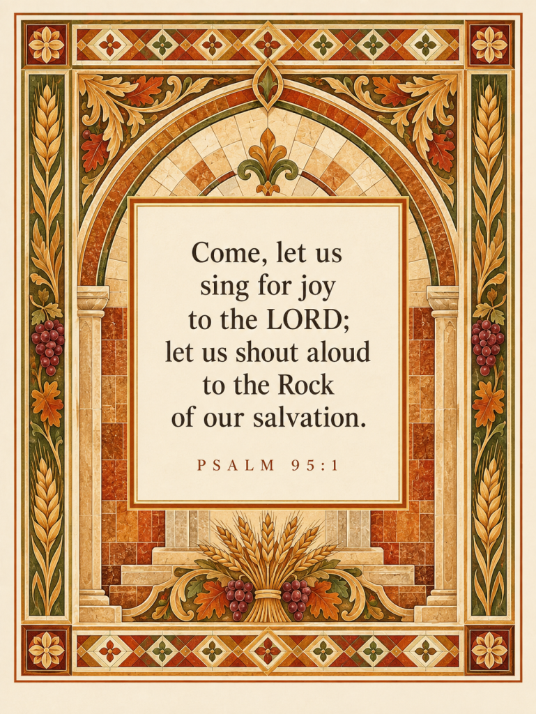Seasonal Scripture artwork: “Come, let us sing for joy to the LORD” — Psalm 95:1, framed with harvest wheat and grapes.