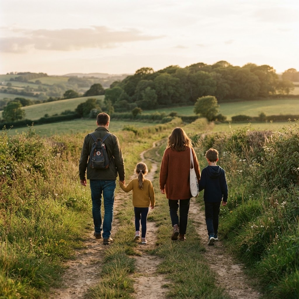 A family walking together along a countryside path in the late afternoon