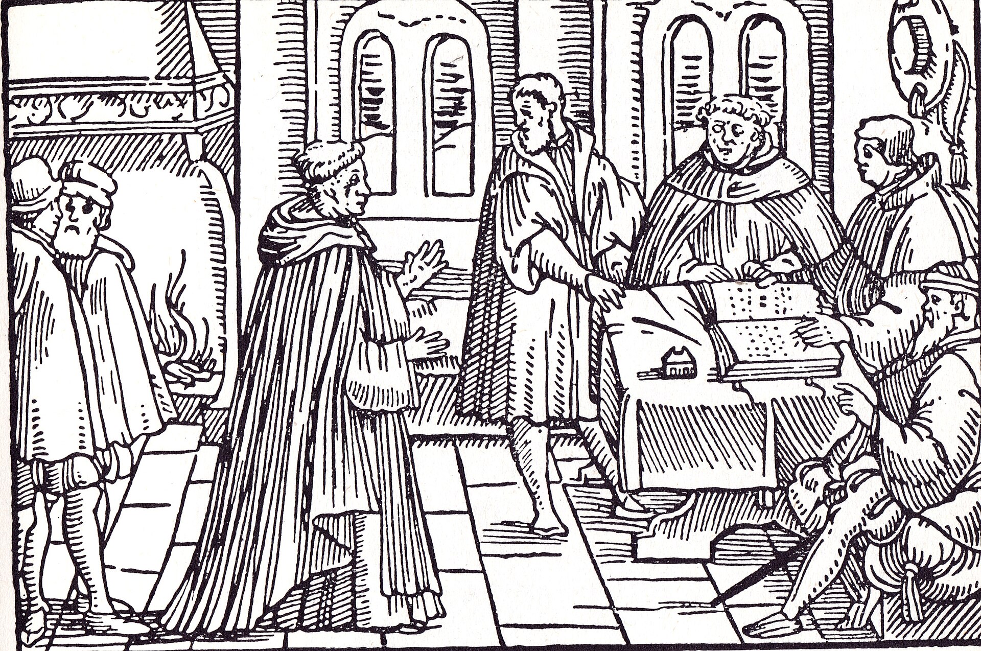 A sixteenth-century woodcut of Cardinal Cajetan questioning Martin Luther